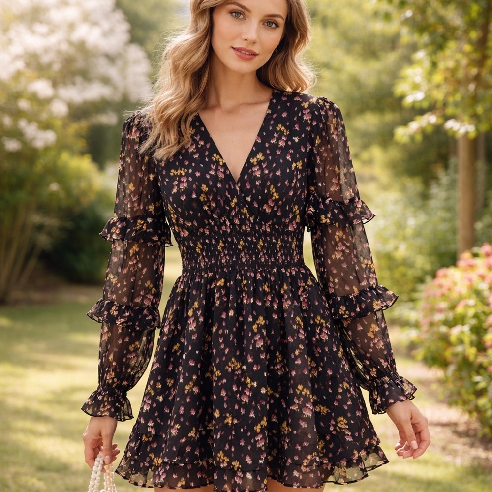 Hill House Home The Nari Dress Black‎ Brushstroke Floral Smocked Mini Dress NEW